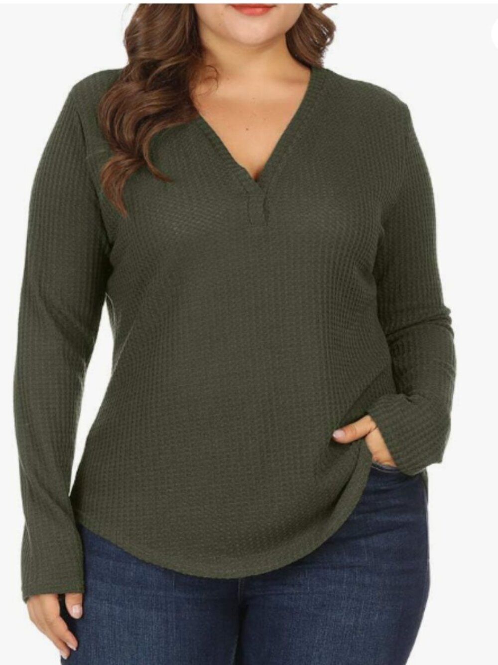 ALLEGRACE Women’s Plus Size 3X Army Green Waffle Knit V-Neck Pullover Top